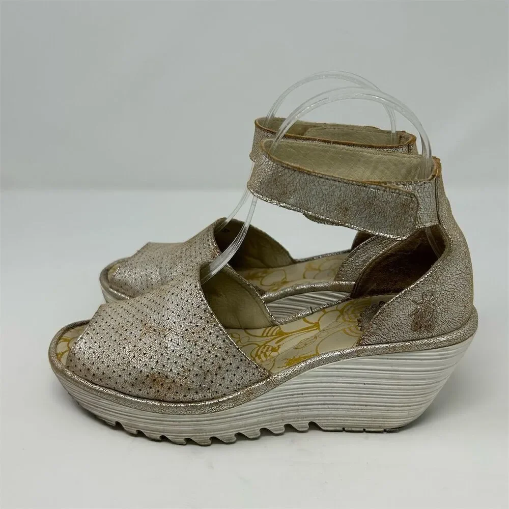 Fly London Women's Gold Wedge Sandals Size 37 (US 6-6.5) Adjustable Strap